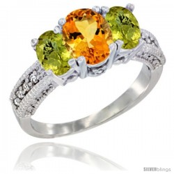 10K White Gold Ladies Oval Natural Citrine 3-Stone Ring with Lemon Quartz Sides Diamond Accent