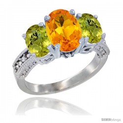 10K White Gold Ladies Natural Citrine Oval 3 Stone Ring with Lemon Quartz Sides Diamond Accent