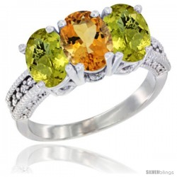 10K White Gold Natural Citrine & Lemon Quartz Sides Ring 3-Stone Oval 7x5 mm Diamond Accent