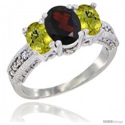 10K White Gold Ladies Oval Natural Garnet 3-Stone Ring with Lemon Quartz Sides Diamond Accent