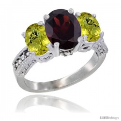 10K White Gold Ladies Natural Garnet Oval 3 Stone Ring with Lemon Quartz Sides Diamond Accent