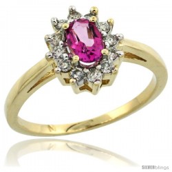 14k Yellow Gold Pink Topaz Diamond Halo Ring Oval Shape 1.2 Carat 6X4 mm, 1/2 in wide