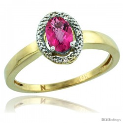 14k Yellow Gold Diamond Halo Pink Topaz Ring 0.75 Carat Oval Shape 6X4 mm, 3/8 in (9mm) wide