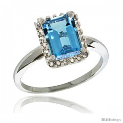 Sterling Silver Diamond Natural London Blue Topaz Ring 1.6 ct Emerald Shape 8x6 mm, 1/2 in wide