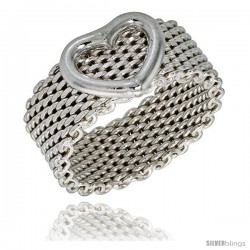 Sterling Silver Heavy Mesh Ring w/ Heart Handmade 5/16 in wide