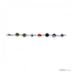 Sterling Silver Italian Charm Bracelet, w/ Floral-designed Murano Glass Beads, 5/16" (8 mm) wide