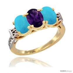 10K Yellow Gold Natural Amethyst & Turquoise Sides Ring 3-Stone Oval 7x5 mm Diamond Accent