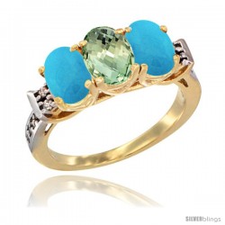 10K Yellow Gold Natural Green Amethyst & Turquoise Sides Ring 3-Stone Oval 7x5 mm Diamond Accent