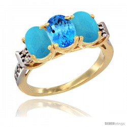 10K Yellow Gold Natural Swiss Blue Topaz & Turquoise Sides Ring 3-Stone Oval 7x5 mm Diamond Accent