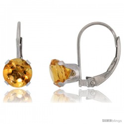 10k White Gold Natural Citrine Leverback Earrings 6mm Brilliant Cut November Birthstone, 9/16 in tall