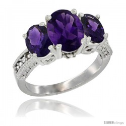 10K White Gold Ladies Natural Amethyst Oval 3 Stone Ring Diamond Accent