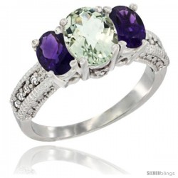 10K White Gold Ladies Oval Natural Green Amethyst 3-Stone Ring with Amethyst Sides Diamond Accent