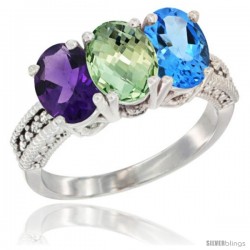 10K White Gold Natural Amethyst, Green Amethyst & Swiss Blue Topaz Ring 3-Stone Oval 7x5 mm Diamond Accent