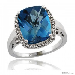 Sterling Silver Diamond Natural London Blue Topaz Ring 5.17 ct Checkerboard Cut Cushion 12x10 mm, 1/2 in wide