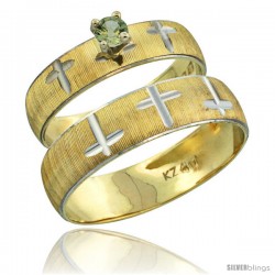 10k Gold 2-Piece 0.25 Carat Green Sapphire Ring Set (Engagement Ring & Man's Wedding Band) Diamond-cut Pattern -Style 10y508em