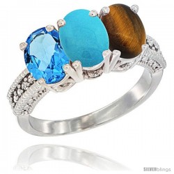 14K White Gold Natural Swiss Blue Topaz, Turquoise & Tiger Eye Ring 3-Stone 7x5 mm Oval Diamond Accent