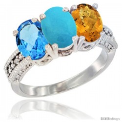 14K White Gold Natural Swiss Blue Topaz, Turquoise & Whisky Quartz Ring 3-Stone 7x5 mm Oval Diamond Accent