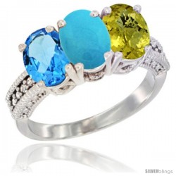 14K White Gold Natural Swiss Blue Topaz, Turquoise & Lemon Quartz Ring 3-Stone 7x5 mm Oval Diamond Accent