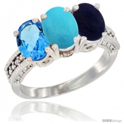 14K White Gold Natural Swiss Blue Topaz, Turquoise & Lapis Ring 3-Stone 7x5 mm Oval Diamond Accent