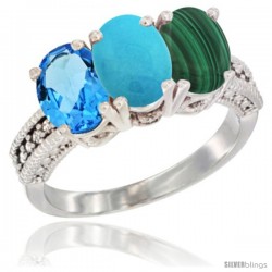 14K White Gold Natural Swiss Blue Topaz, Turquoise & Malachite Ring 3-Stone 7x5 mm Oval Diamond Accent