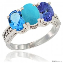 14K White Gold Natural Swiss Blue Topaz, Turquoise & Tanzanite Ring 3-Stone 7x5 mm Oval Diamond Accent