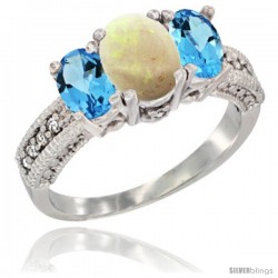 14k White Gold Ladies Oval Natural Opal 3-Stone Ring with Swiss Blue Topaz Sides Diamond Accent