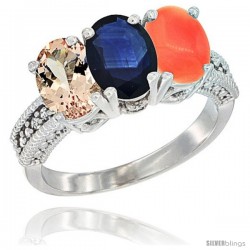 14K White Gold Natural Morganite, Blue Sapphire & Coral Ring 3-Stone Oval 7x5 mm Diamond Accent