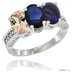 14K White Gold Natural Morganite, Blue Sapphire & Lapis Ring 3-Stone Oval 7x5 mm Diamond Accent