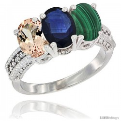 14K White Gold Natural Morganite, Blue Sapphire & Malachite Ring 3-Stone Oval 7x5 mm Diamond Accent