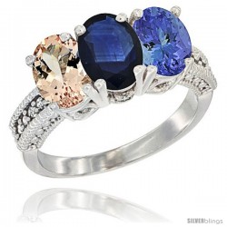 14K White Gold Natural Morganite, Blue Sapphire & Tanzanite Ring 3-Stone Oval 7x5 mm Diamond Accent