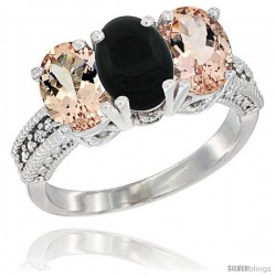 14K White Gold Natural Black Onyx & Morganite Sides Ring 3-Stone Oval 7x5 mm Diamond Accent