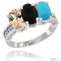 14K White Gold Natural Morganite, Black Onyx & Turquoise Ring 3-Stone Oval 7x5 mm Diamond Accent