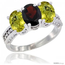 10K White Gold Natural Garnet & Lemon Quartz Sides Ring 3-Stone Oval 7x5 mm Diamond Accent