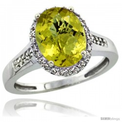 10k White Gold Diamond Lemon Quartz Ring 2.4 ct Oval Stone 10x8 mm, 1/2 in wide