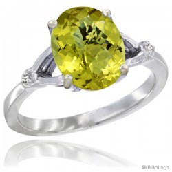 10k White Gold Diamond Lemon Quartz Ring 2.4 ct Oval Stone 10x8 mm, 3/8 in wide