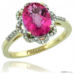 14k Yellow Gold Diamond Halo Pink Topaz Ring 1.65 Carat Oval Shape 9X7 mm, 7/16 in (11mm) wide