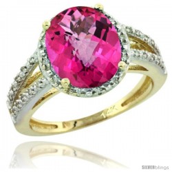 14k Yellow Gold Diamond Halo Pink Topaz Ring 2.85 Carat Oval Shape 11X9 mm, 7/16 in (11mm) wide