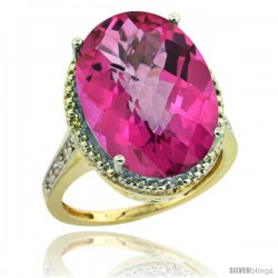 14k Yellow Gold Diamond Pink Topaz Ring 13.56 Carat Oval Shape 18x13 mm, 3/4 in (20mm) wide