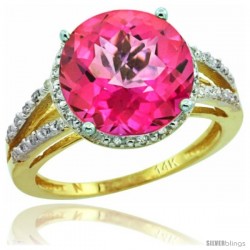 14k Yellow Gold Diamond Pink Topaz Ring 5.25 ct Round Shape 11 mm, 1/2 in wide