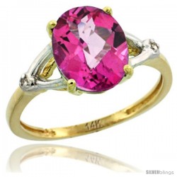 14k Yellow Gold Diamond Pink Topaz Ring 2.4 ct Oval Stone 10x8 mm, 3/8 in wide