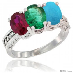 10K White Gold Natural Ruby, Emerald & Turquoise Ring 3-Stone Oval 7x5 mm Diamond Accent