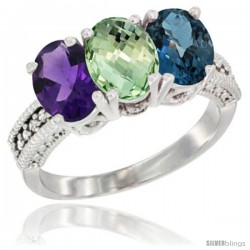 10K White Gold Natural Amethyst, Green Amethyst & London Blue Topaz Ring 3-Stone Oval 7x5 mm Diamond Accent