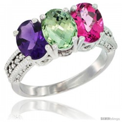 10K White Gold Natural Amethyst, Green Amethyst & Pink Topaz Ring 3-Stone Oval 7x5 mm Diamond Accent