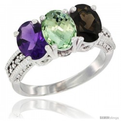 10K White Gold Natural Amethyst, Green Amethyst & Smoky Topaz Ring 3-Stone Oval 7x5 mm Diamond Accent