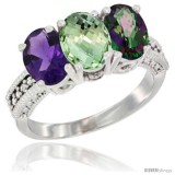 10K White Gold Natural Amethyst, Green Amethyst & Mystic Topaz Ring 3-Stone Oval 7x5 mm Diamond Accent