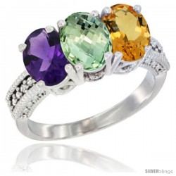 10K White Gold Natural Amethyst, Green Amethyst & Citrine Ring 3-Stone Oval 7x5 mm Diamond Accent