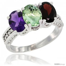 10K White Gold Natural Amethyst, Green Amethyst & Garnet Ring 3-Stone Oval 7x5 mm Diamond Accent