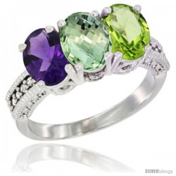 10K White Gold Natural Amethyst, Green Amethyst & Peridot Ring 3-Stone Oval 7x5 mm Diamond Accent