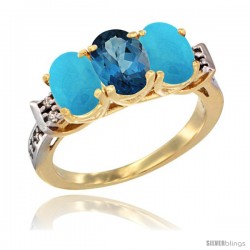 10K Yellow Gold Natural London Blue Topaz & Turquoise Sides Ring 3-Stone Oval 7x5 mm Diamond Accent