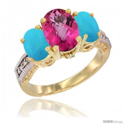 10K Yellow Gold Ladies 3-Stone Oval Natural Pink Topaz Ring with Turquoise Sides Diamond Accent